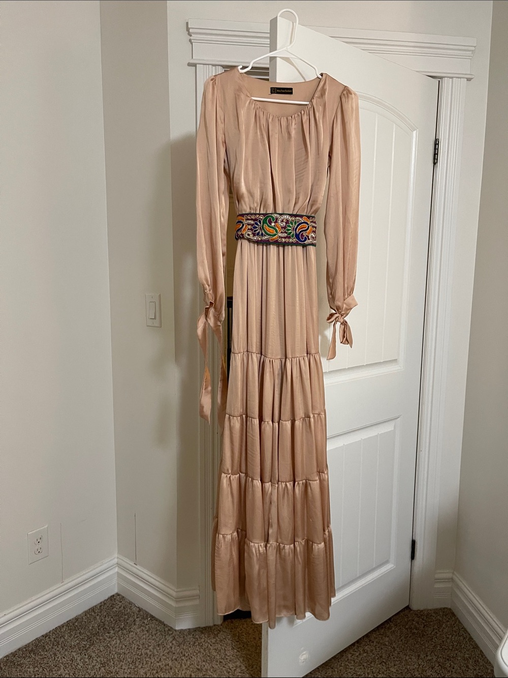 Beige Long-Sleeve Tiered Maxi Dress with Embroidered Waist